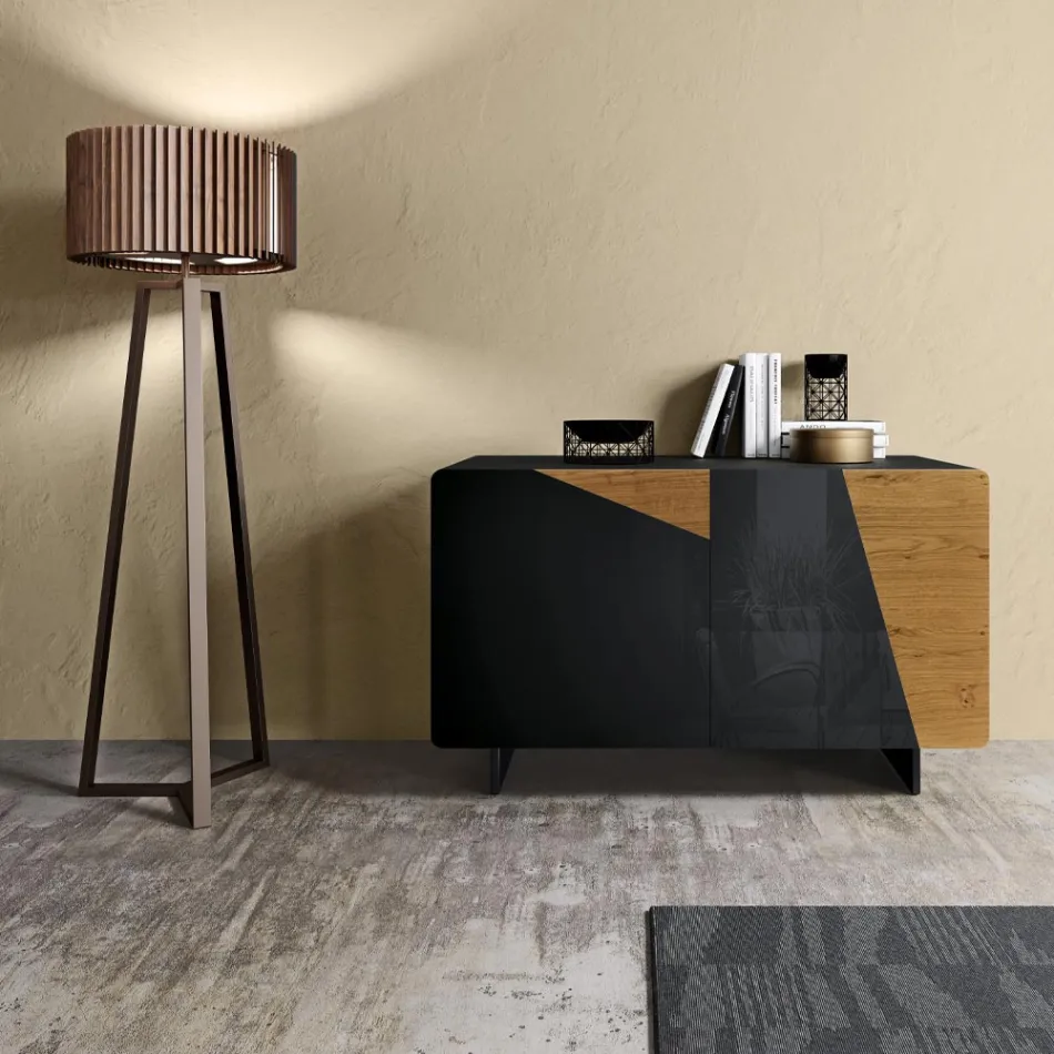 خزانة جانبية لغرفة المعيشة ببابين من خشب البلوط المعقود الريفي وزجاج أنثراسايت - أوف Viadurini