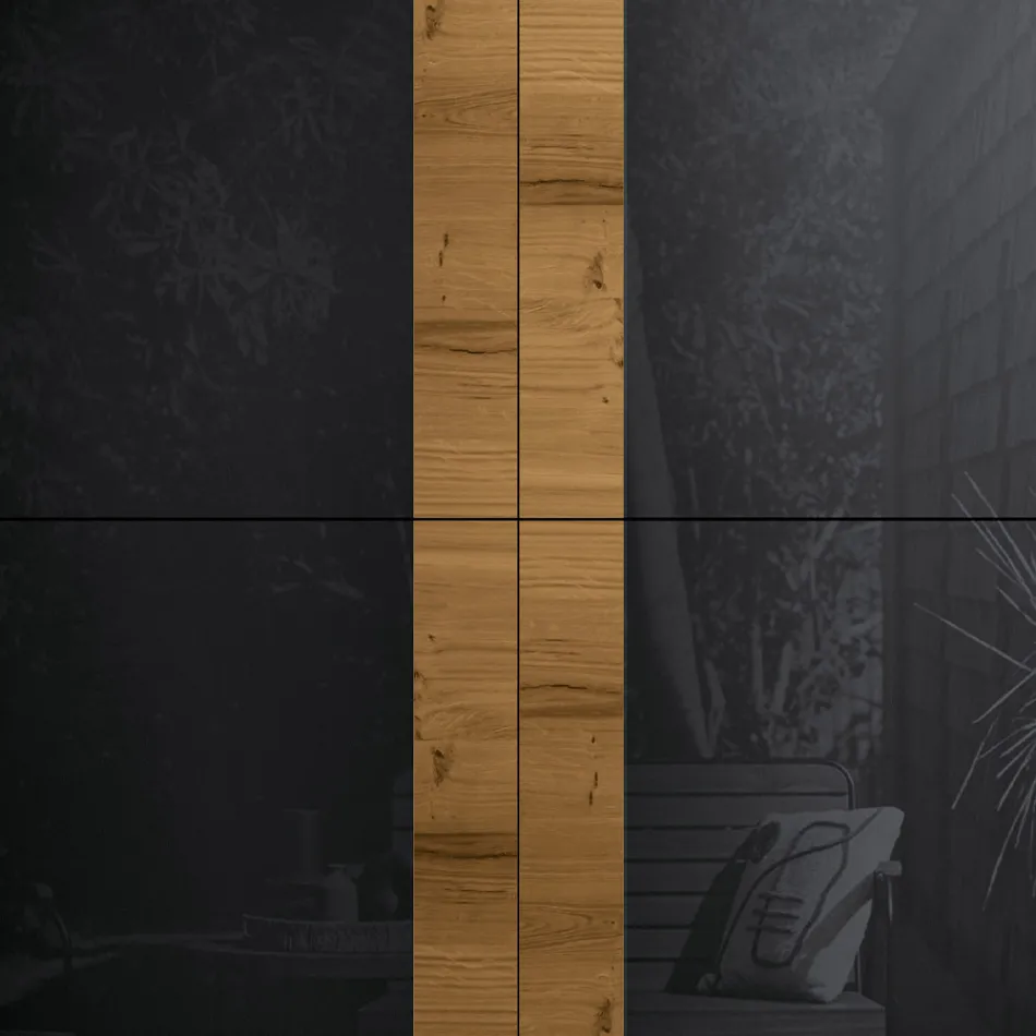 خزانة جانبية لغرفة المعيشة بأربعة أبواب من خشب البلوط المعقود الريفي والزجاج الفحمي - أوف Viadurini