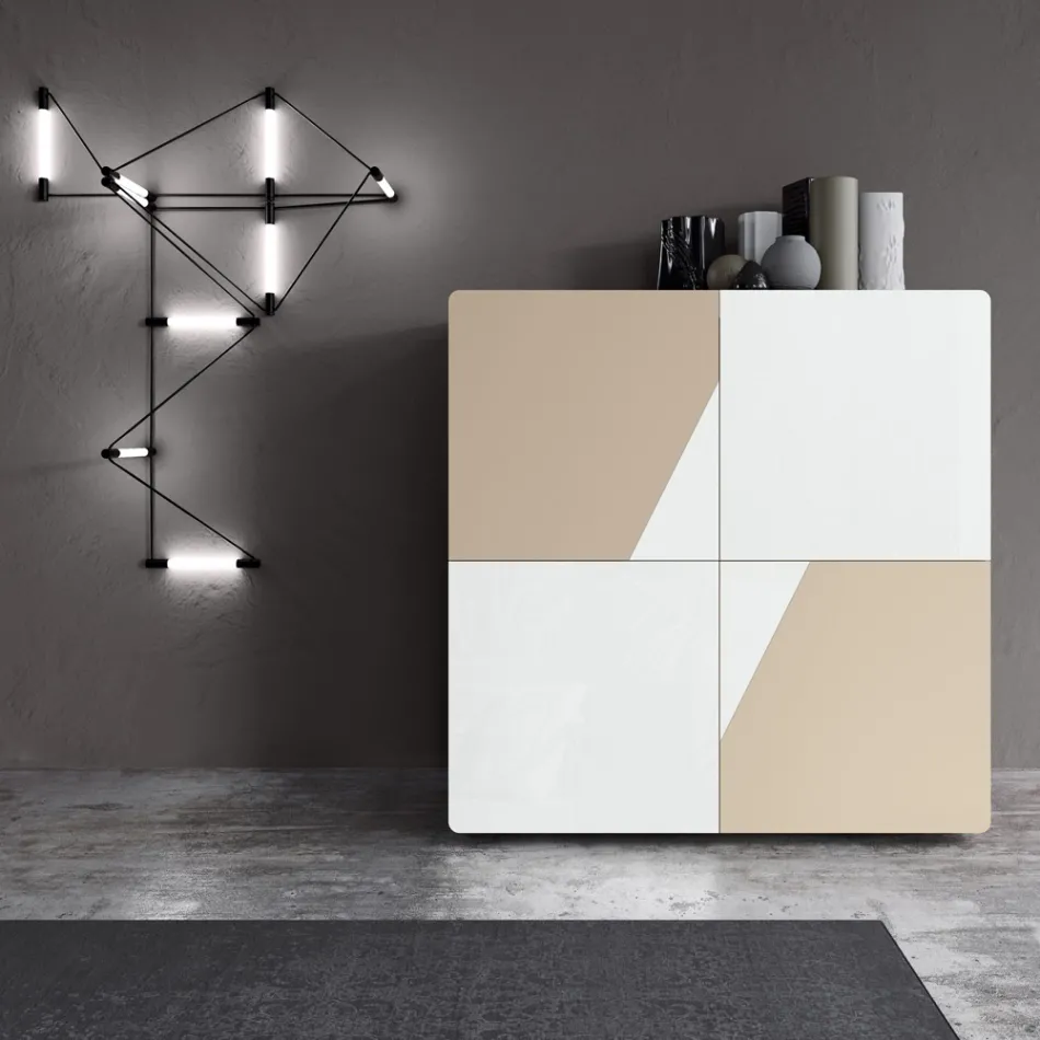 خزانة جانبية لغرفة المعيشة بأربعة أبواب من الزجاج الأبيض وتشطيب المنك، صنع في إيطاليا - إيفا Viadurini