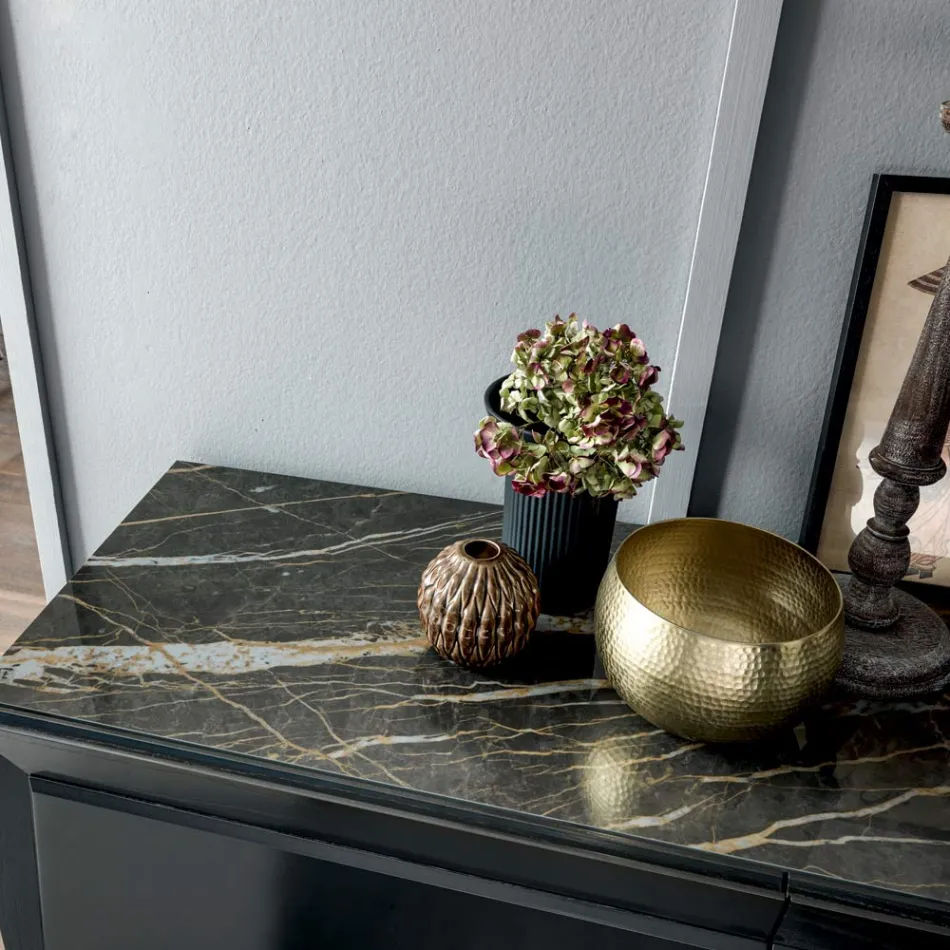 خزانة جانبية خشبية بثلاثة أبواب وحافة مائلة وسطح سيراميك - موندولفو Viadurini