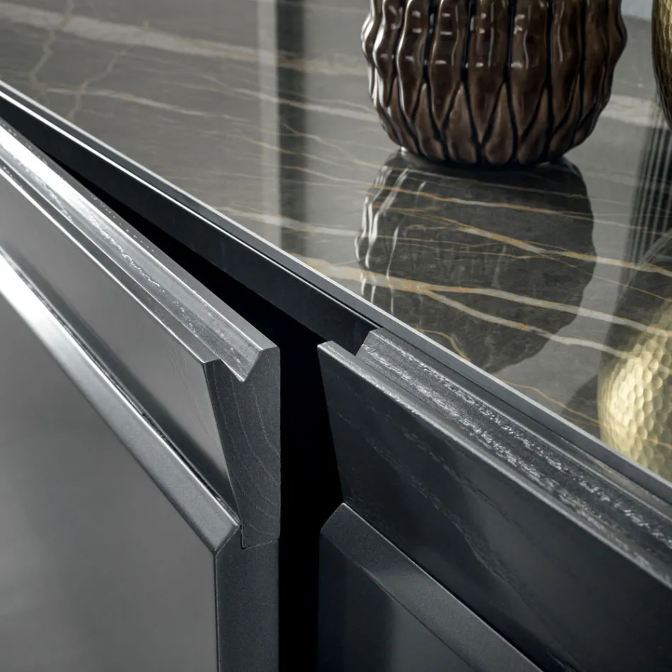 خزانة جانبية خشبية بثلاثة أبواب وحافة مائلة وسطح سيراميك - موندولفو Viadurini