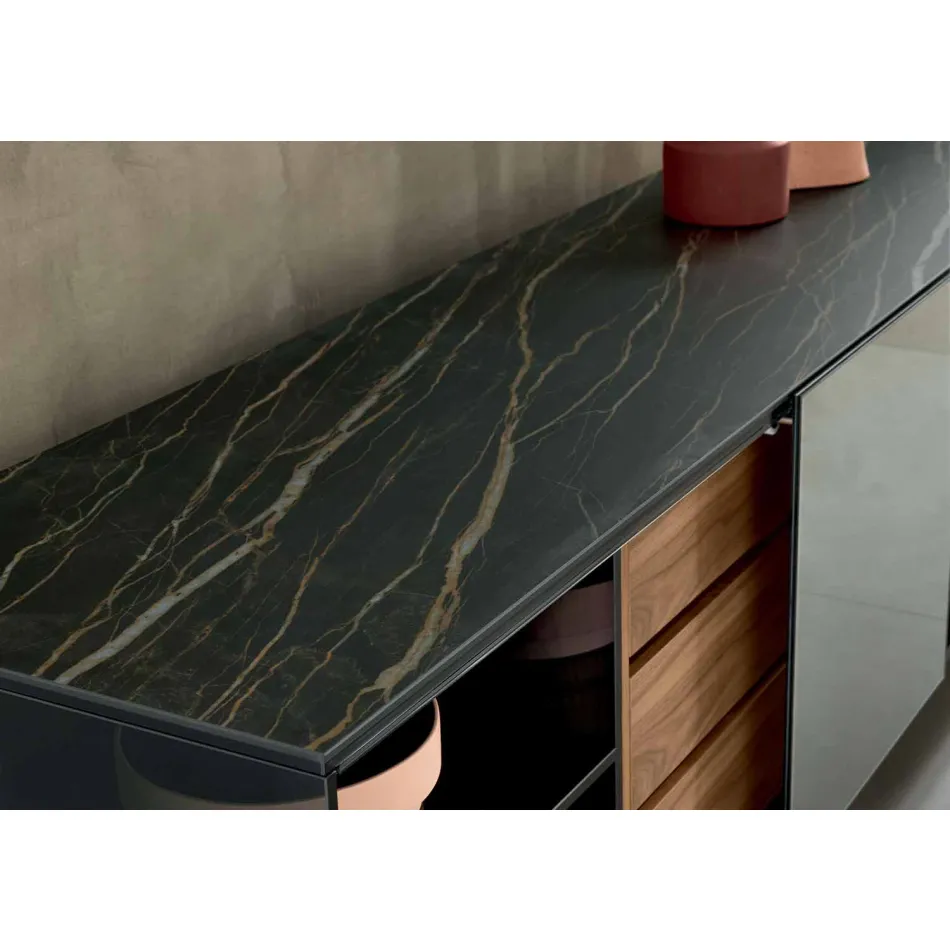 خزانة جانبية حديثة بعجلات من الزجاج المدخن وسطح من السيراميك، صنع في إيطاليا - سيوكا Viadurini