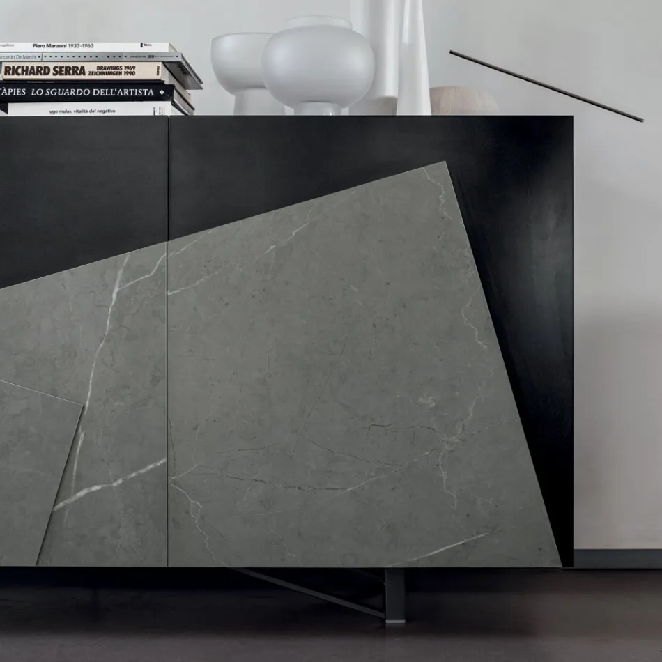 خزانة جانبية لغرفة المعيشة من خشب MDF مطلي بثلاثة أبواب مع حشوات سيراميك - Imperio Viadurini