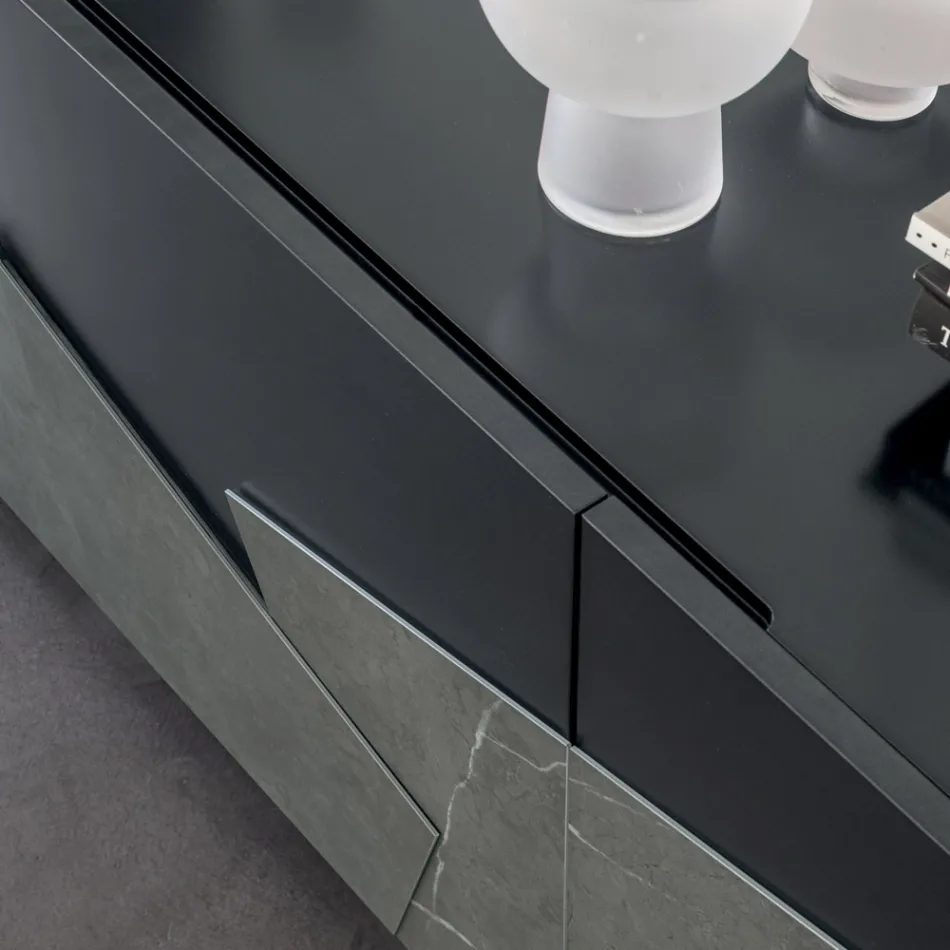 خزانة جانبية لغرفة المعيشة من خشب MDF مطلي بثلاثة أبواب مع حشوات سيراميك - Imperio Viadurini