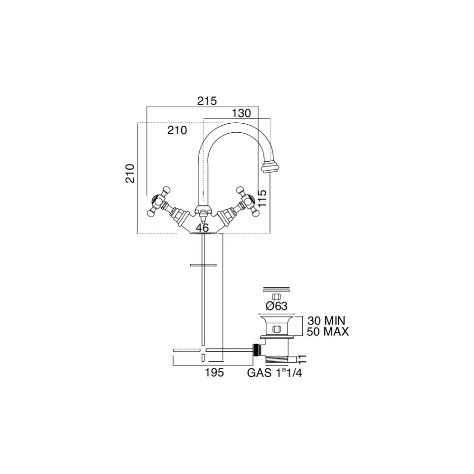 خلاط حوض بفتحة واحدة وصنبور مرتفع من النحاس العتيق، صنع في إيطاليا - إليسيا Viadurini