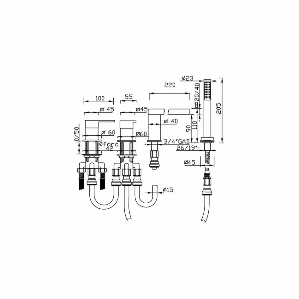 خلاط حوض استحمام نحاسي بتصميم إيطالي بأربع فتحات - بانيلا Viadurini
