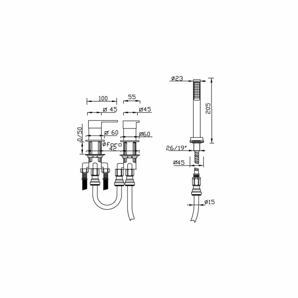 خلاط حوض استحمام نحاسي حديث بثلاث فتحات، صنع في إيطاليا - بيبو Viadurini