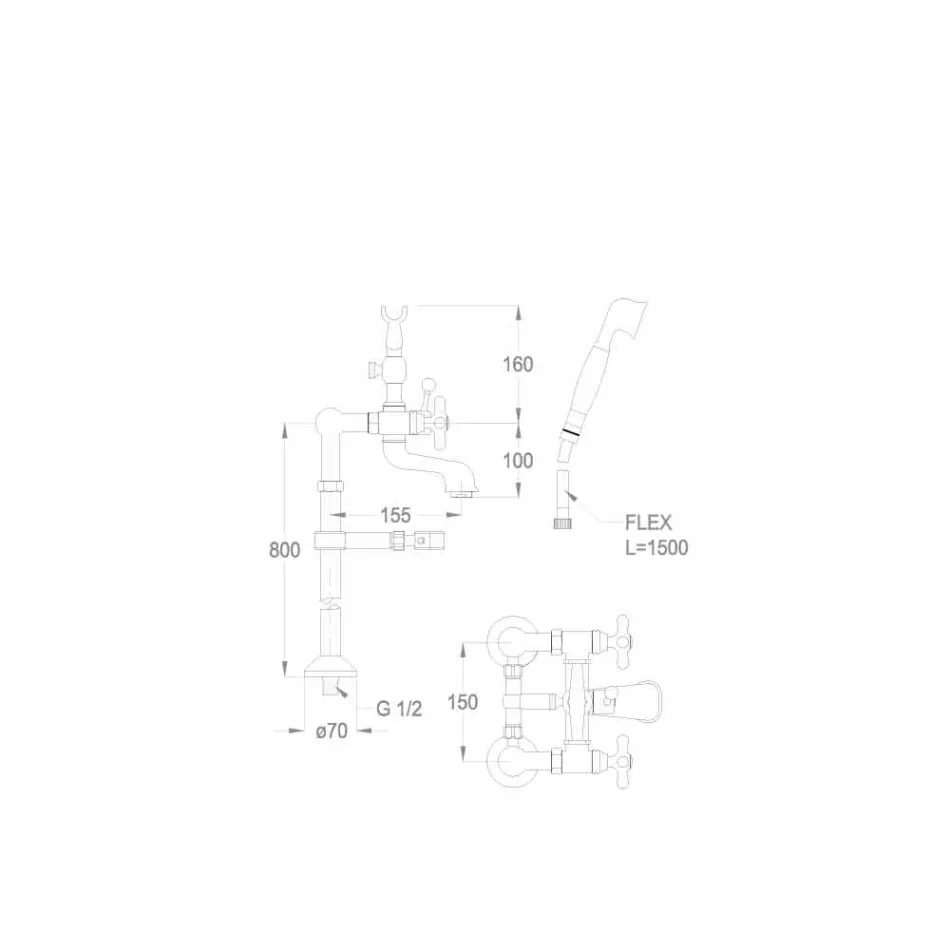 خلاط كلاسيكي لحوض الاستحمام الأرضي مصنوع من النحاس الإيطالي - بانيكو Viadurini