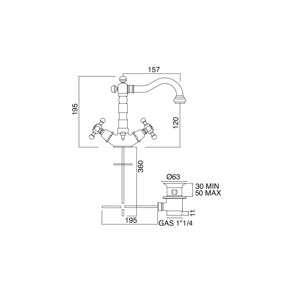 خلاط حوض بتصميم عتيق بفتحة واحدة مصنوع من النحاس في إيطاليا - أورسولا Viadurini