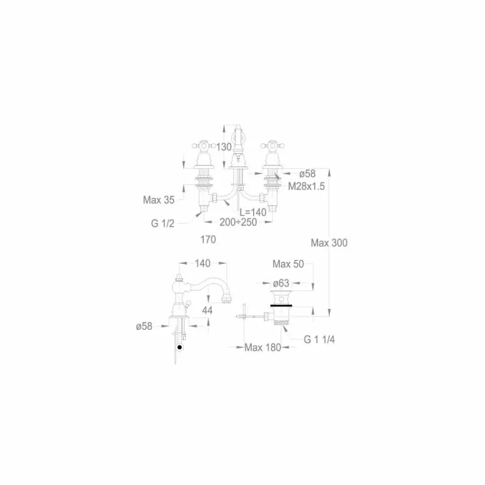 خلاط حوض بثلاث فتحات بارتفاع ١٣٠ مم مصنوع من النحاس، صنع في إيطاليا - Binsu Viadurini