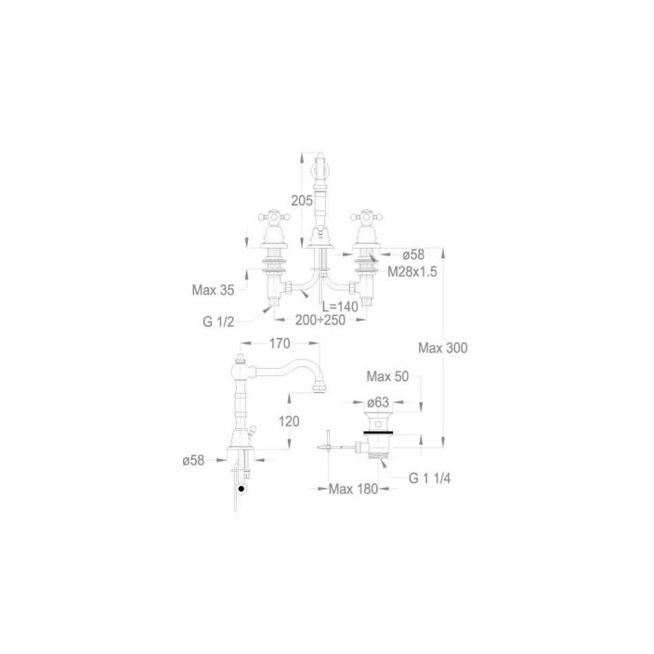 خلاط حوض حمام حديث بثلاث فتحات من النحاس، صنع في إيطاليا - Binsu Viadurini