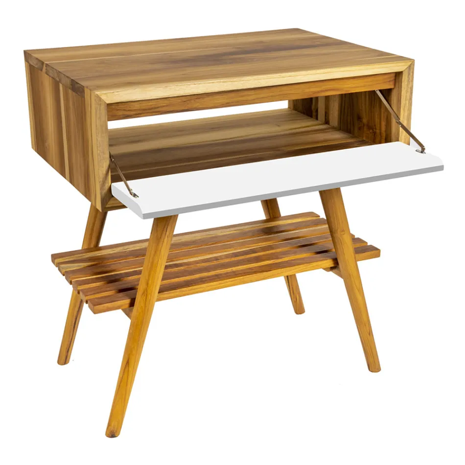 خزانة حمام أرضية من خشب الساج المُعاد تدويره مع سطح دعم أبيض - جاتين Viadurini