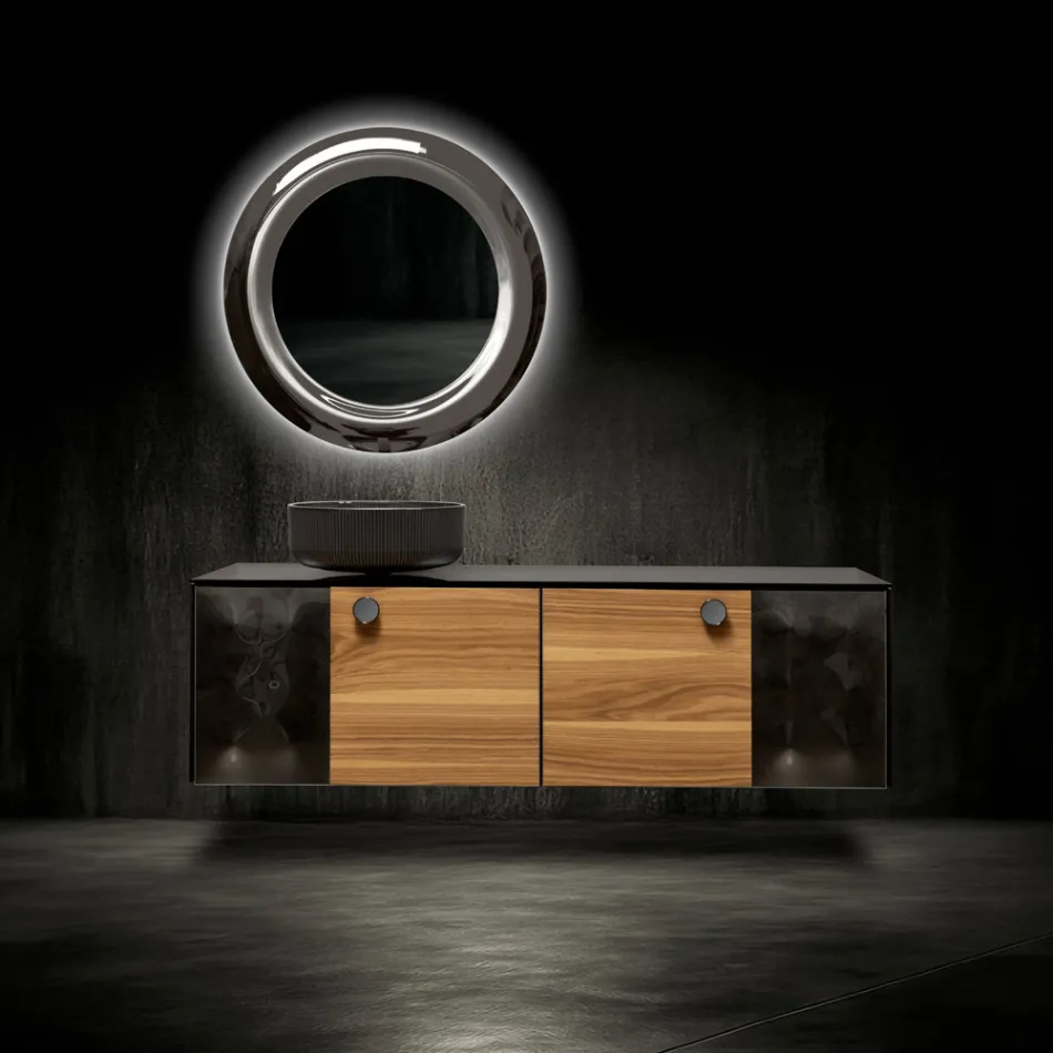 خزانة حمام مثبتة على الحائط بطول 160 سم مصنوعة من زجاج مقسّى بسمك 8 مم وخشب بلوط أوروبي - إكسلسيور Viadurini