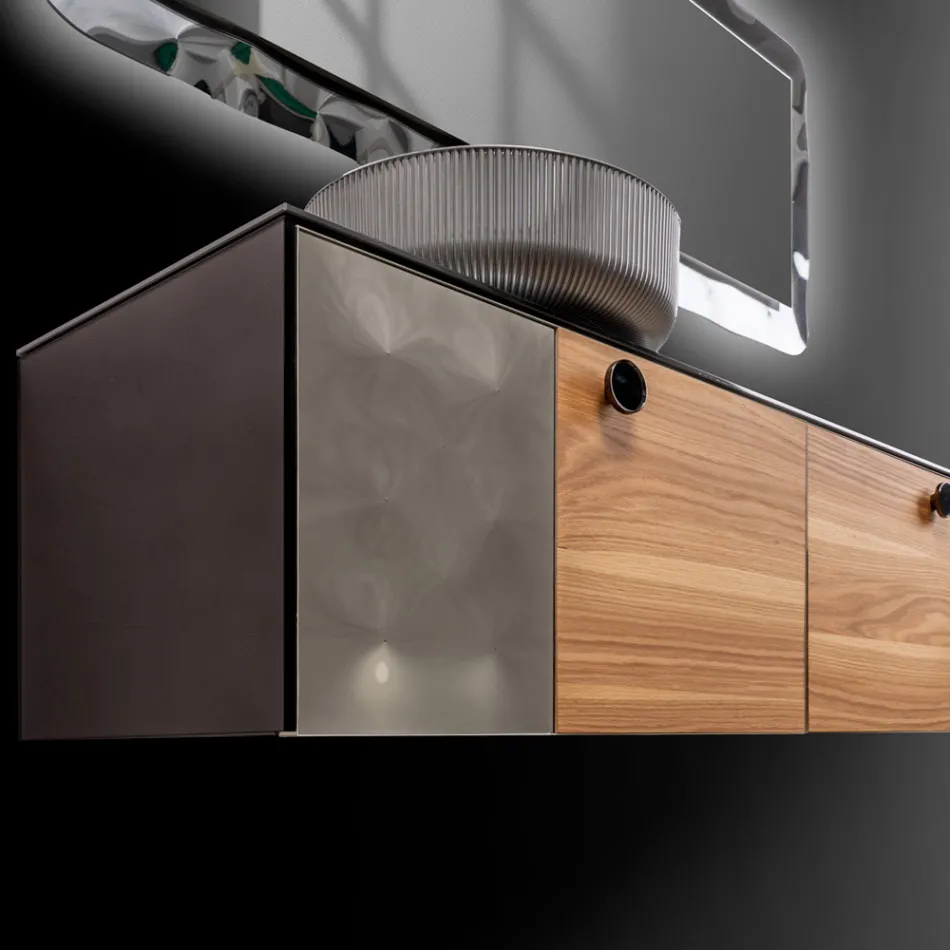 خزانة حمام مثبتة على الحائط بطول 160 سم مصنوعة من زجاج مقسّى بسمك 8 مم وخشب بلوط أوروبي - إكسلسيور Viadurini