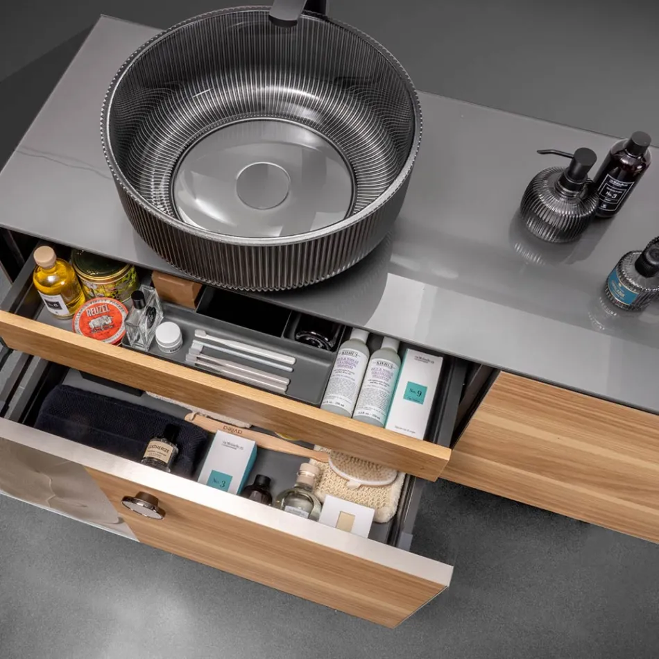 خزانة حمام مثبتة على الحائط بطول 160 سم مصنوعة من زجاج مقسّى بسمك 8 مم وخشب بلوط أوروبي - إكسلسيور Viadurini