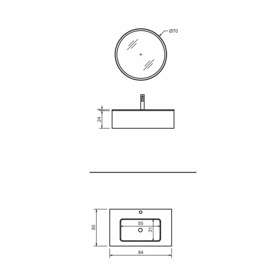 خزانة حمام معلقة مع درج وحوض غسيل مدمج ومرآة دائرية - رينجا Viadurini