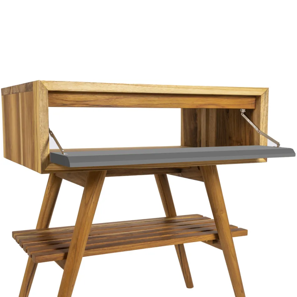 خزانة حمام قائمة بذاتها من خشب الساج الطبيعي مع دعامة باللون الرمادي - جاتين Viadurini