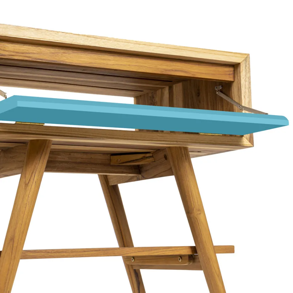 خزانة حمام أرضية زرقاء من خشب الساج الطبيعي مع درج ملون - جاتين Viadurini