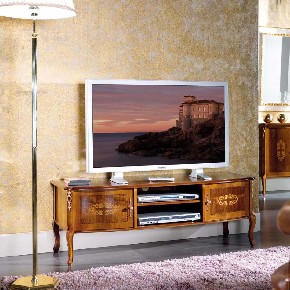 حامل تلفزيون خشبي كلاسيكي مع تطعيمات، صنع في إيطاليا - كاترين Viadurini