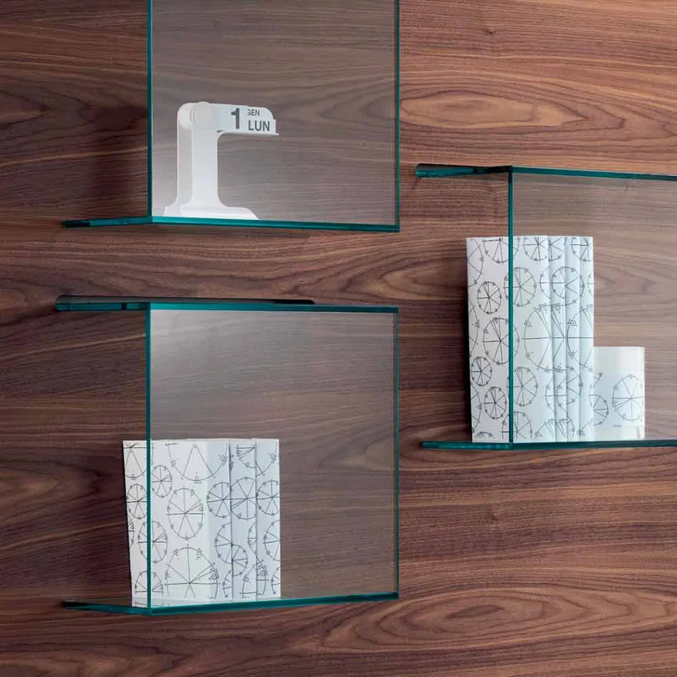 لوحة حائط من خشب الجوز كاناليتو وأرفف زجاجية بمقاسين - ريحان Viadurini