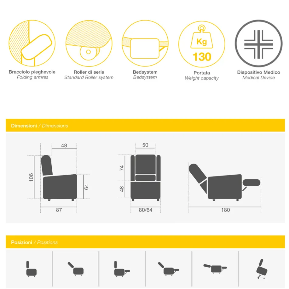 كرسي رفع بمحركين ووظائف رفع/استرخاء/سرير، صنع في إيطاليا - جورجيا Viadurini