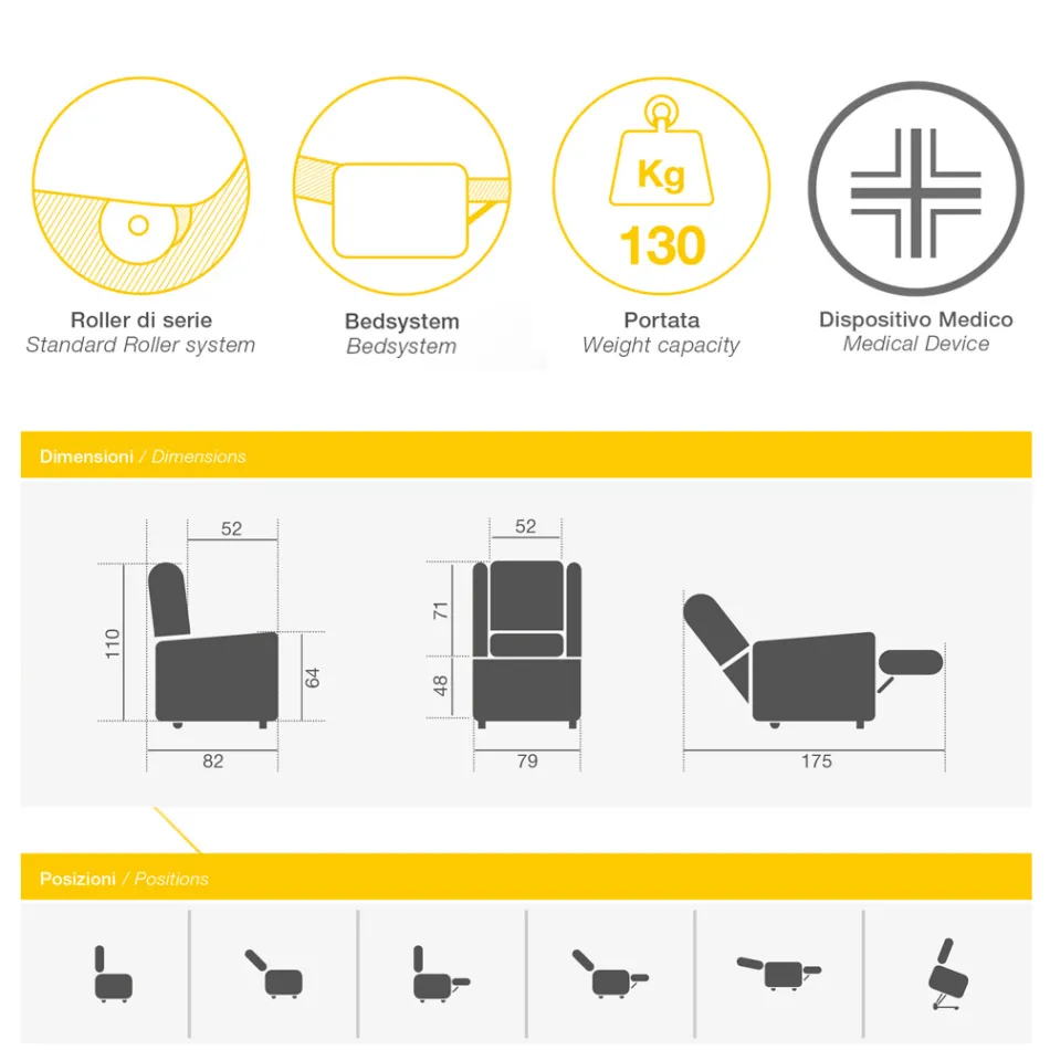 كرسي رفع قماشي مع وظائف رفع واسترخاء وسرير - رومينا Viadurini