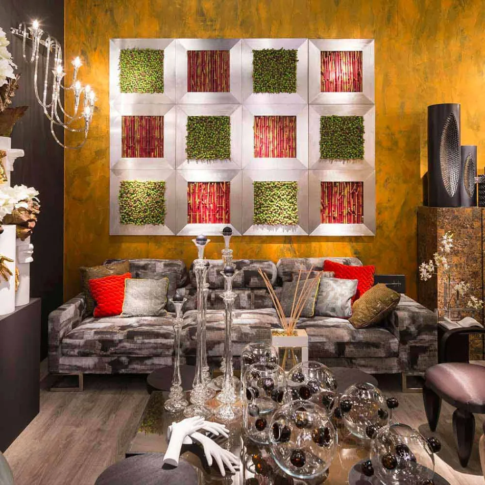 لوحة جدارية حديثة مصنوعة من المعدن والزهور الاصطناعية، صنع في إيطاليا - تريمو Viadurini