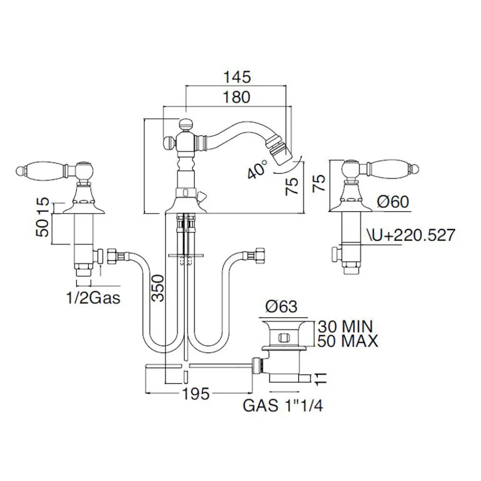 حنفية بيديه كلاسيكية بثلاث فتحات مع رافعات نحاسية، صنع في إيطاليا - نوريانا Viadurini