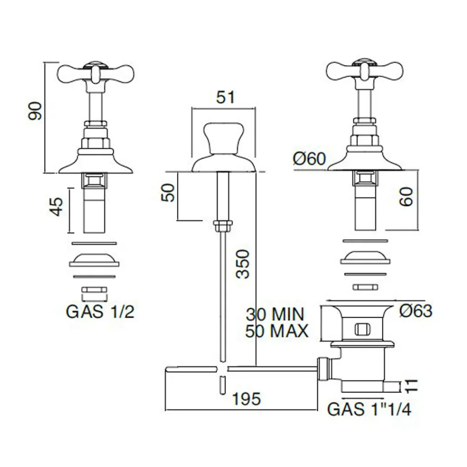 صنبور بيديه بثلاث فتحات مع مدخل داخلي مصنوع من النحاس المصنوع يدويًا - فيوريتا Viadurini