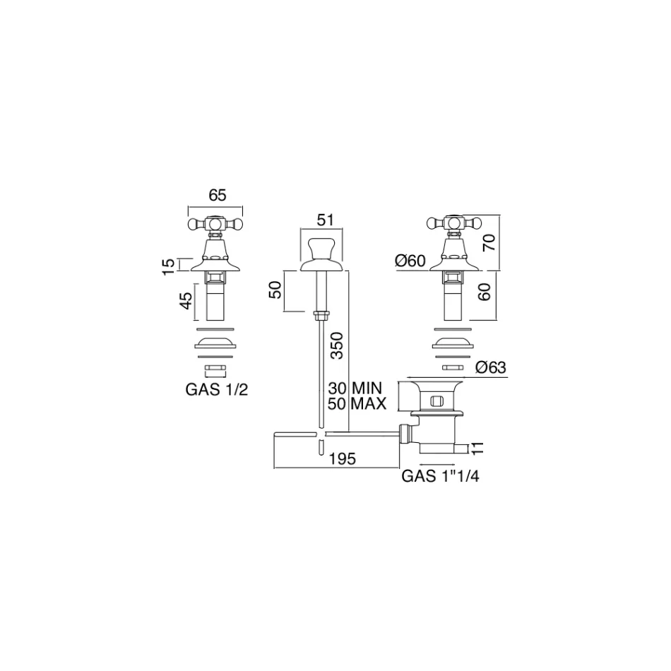 صنبور بيديه بثلاث فتحات من النحاس، صنع في إيطاليا، طراز عتيق - أورسولا Viadurini