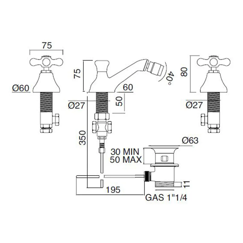 حنفية بيديه كلاسيكية بثلاث فتحات مع نفايات نحاسية، صنع في إيطاليا - إركولينا Viadurini