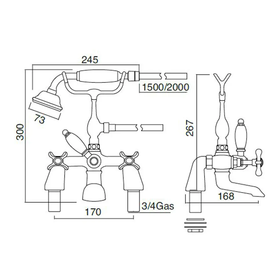 صنبور حوض استحمام نحاسي بحافة مع دش يدوي فاخر على الطراز الكلاسيكي - فيوريتا Viadurini