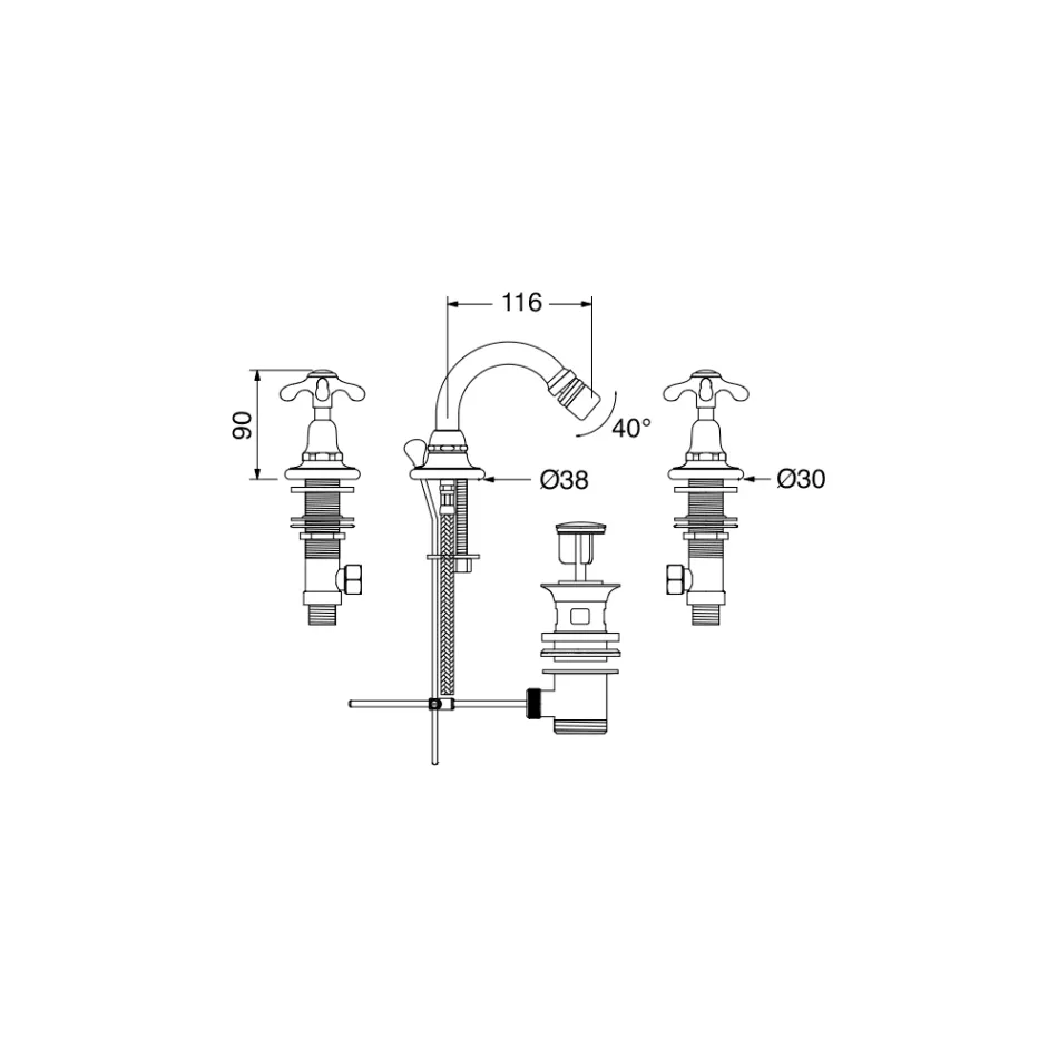 صنبور بيديه بثلاث فتحات بتصميم عتيق من النحاس، صنع في إيطاليا - كلاريسا Viadurini