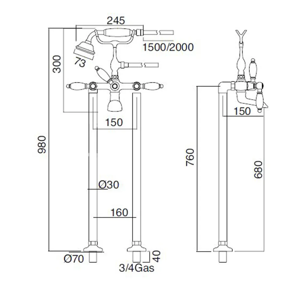 حنفية حوض استحمام أرضية مع دش نحاسي، صنع في إيطاليا - نوريانا Viadurini
