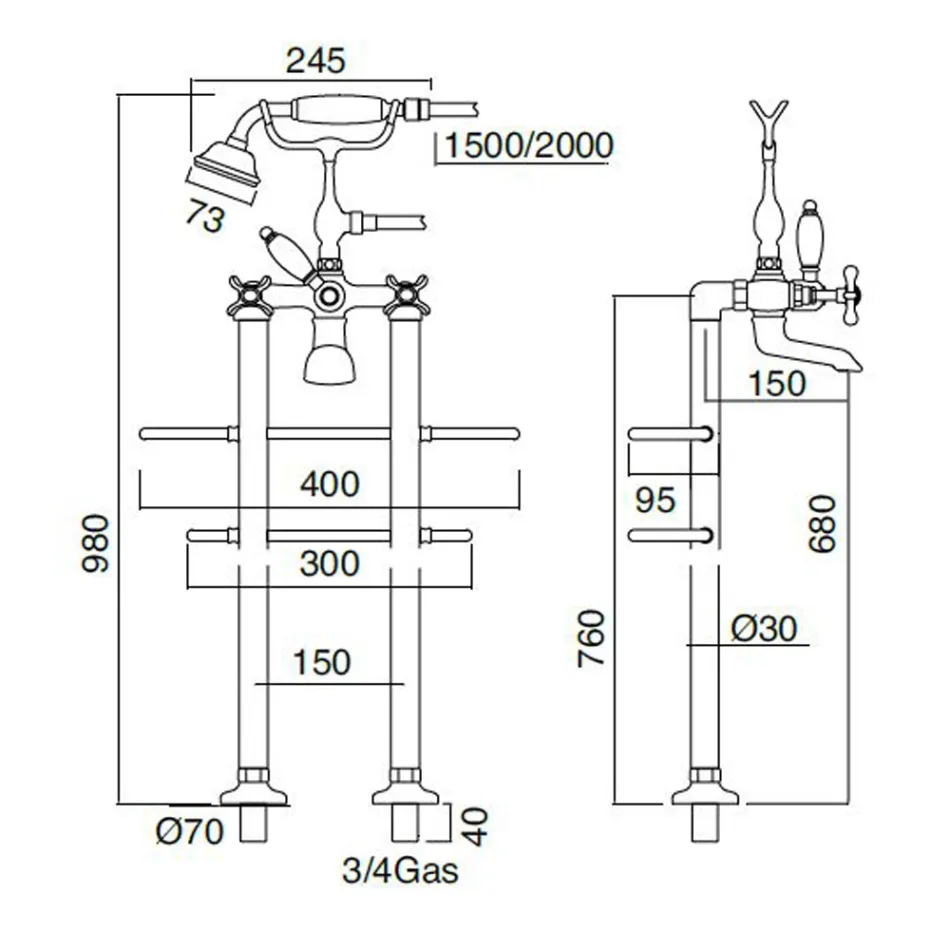 صنبور حوض استحمام كلاسيكي قائم على الأرضية من النحاس مع دش يدوي - فيوريتا Viadurini