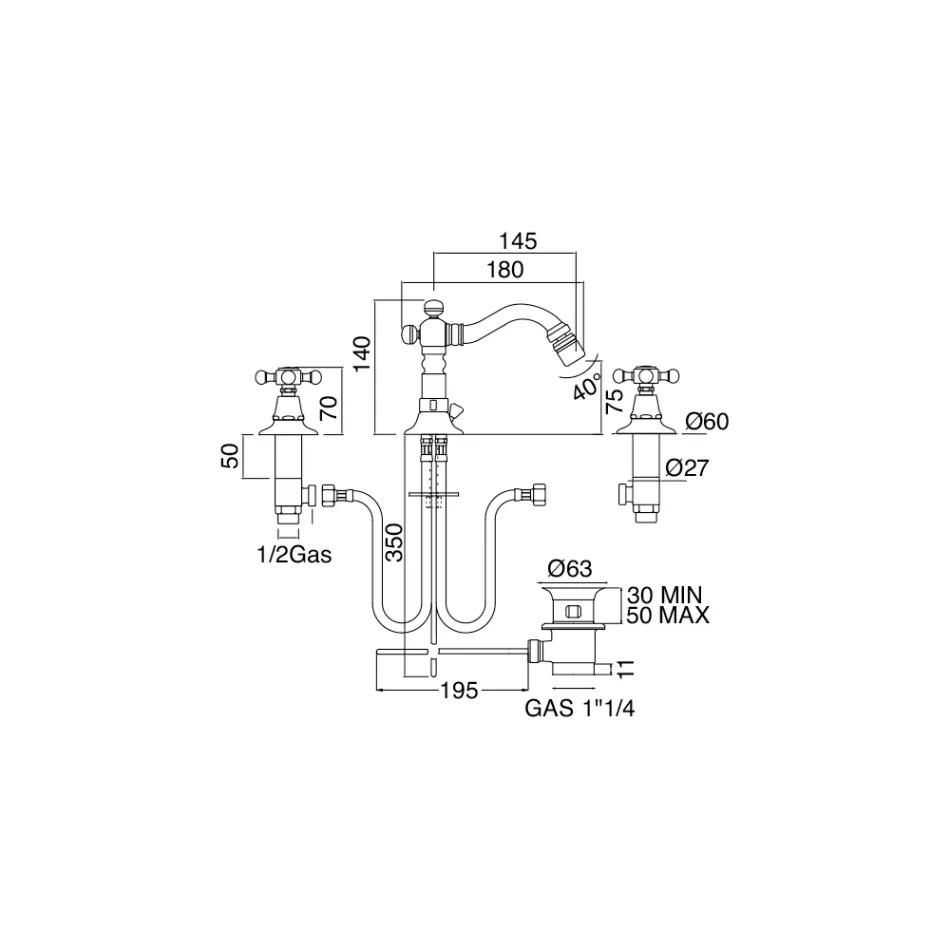 صنبور بيديه عتيق بثلاث فتحات من النحاس العتيق، صنع في إيطاليا - أورسولا Viadurini