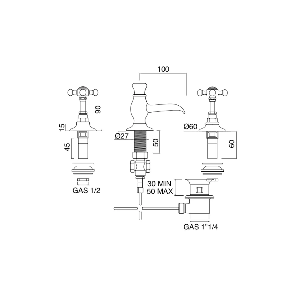 صنبور بيديه نحاسي عتيق بثلاث فتحات، صنع في إيطاليا - إليسيا Viadurini