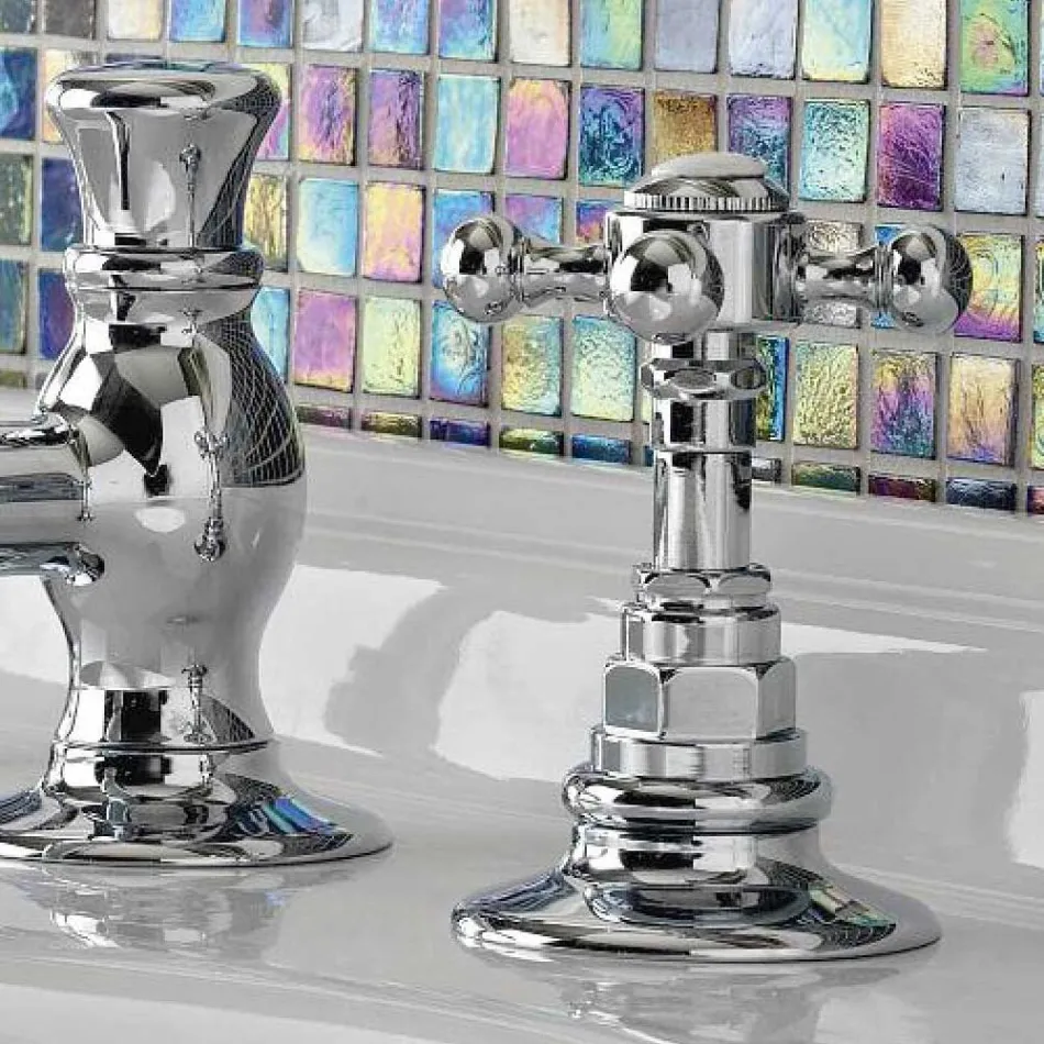 صنبور حوض عتيق بثلاث فتحات من النحاس العتيق، صنع في إيطاليا - إليسيا Viadurini