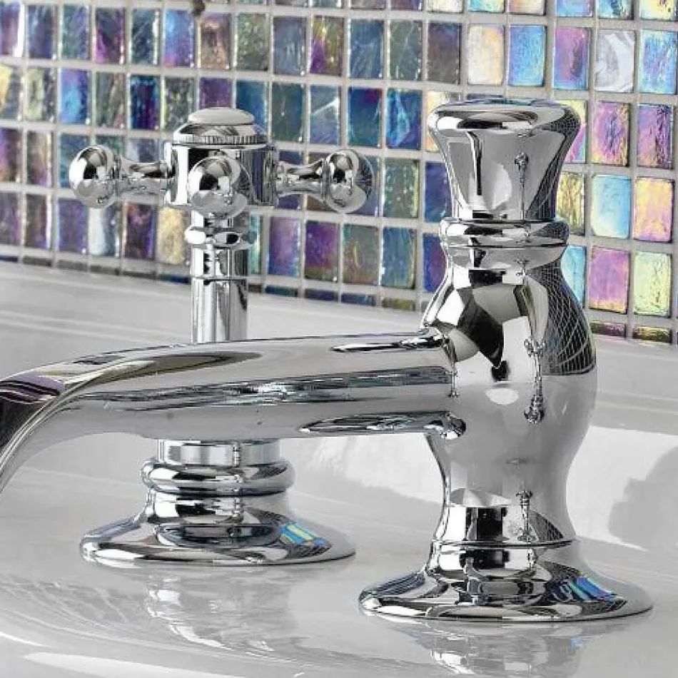 صنبور حوض عتيق بثلاث فتحات من النحاس العتيق، صنع في إيطاليا - إليسيا Viadurini