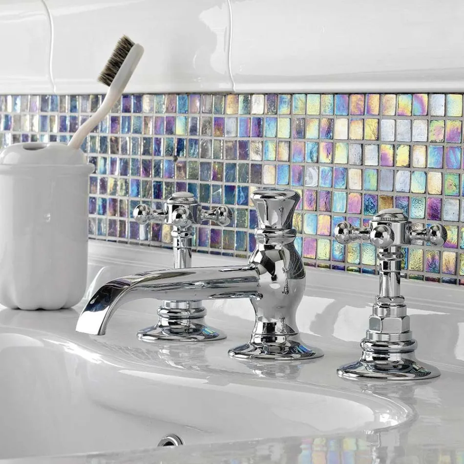 صنبور حوض عتيق بثلاث فتحات من النحاس العتيق، صنع في إيطاليا - إليسيا Viadurini