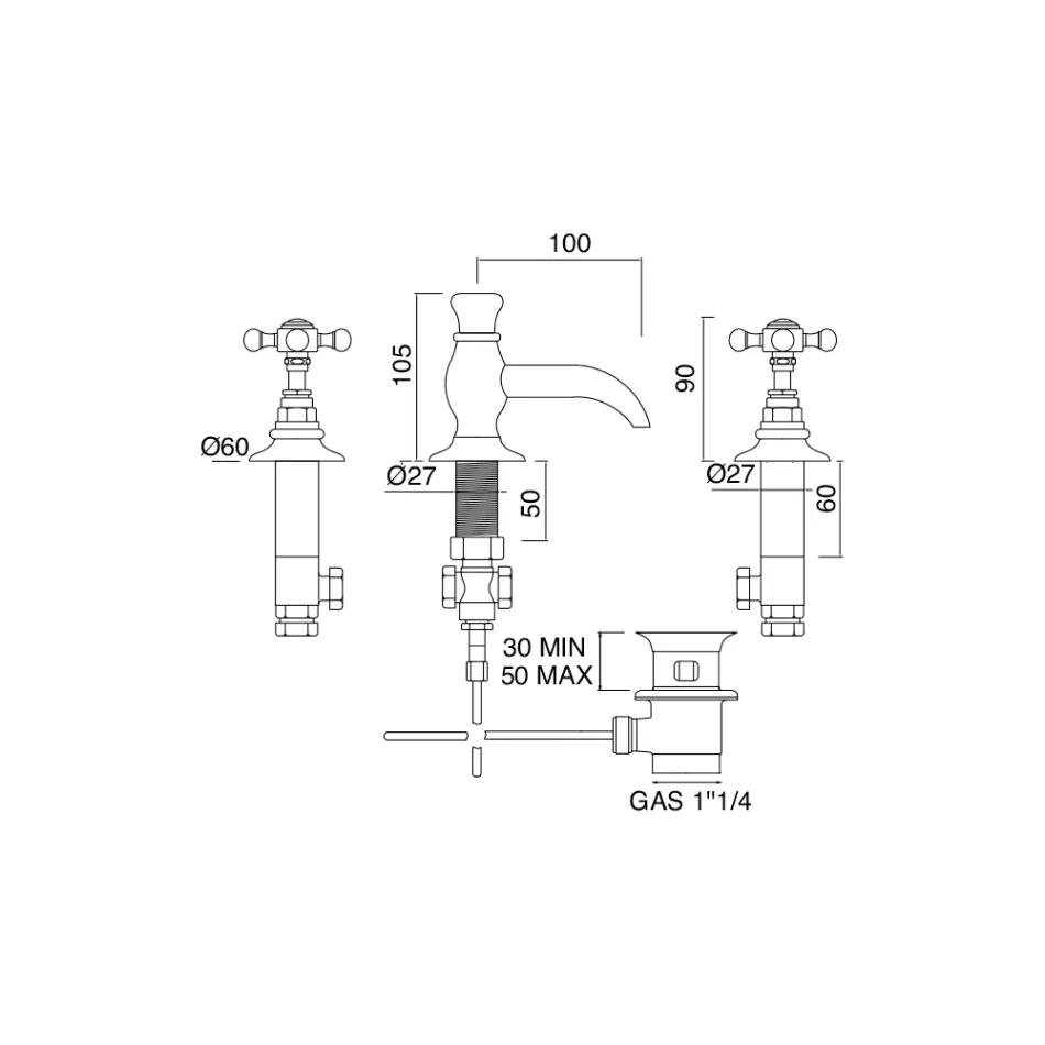 صنبور حوض عتيق بثلاث فتحات من النحاس العتيق، صنع في إيطاليا - إليسيا Viadurini
