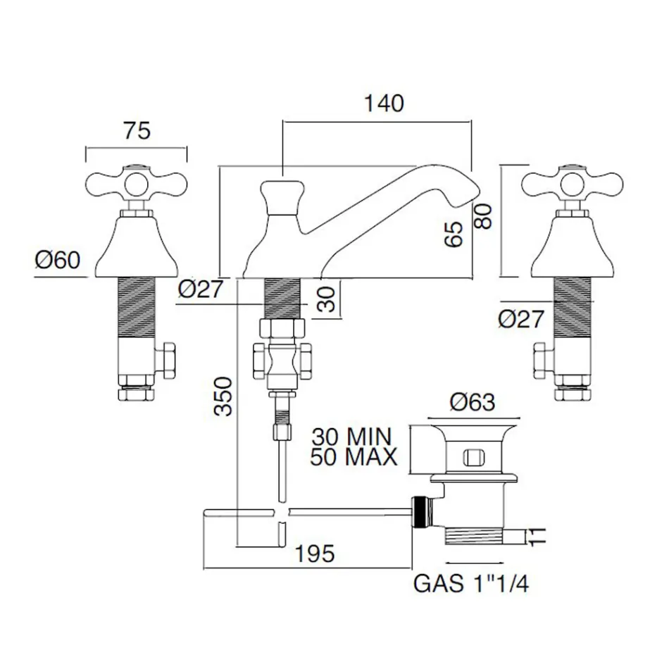 حنفية حوض حمام بثلاث فتحات من النحاس مع تصريف كلاسيكي - إركولينا Viadurini