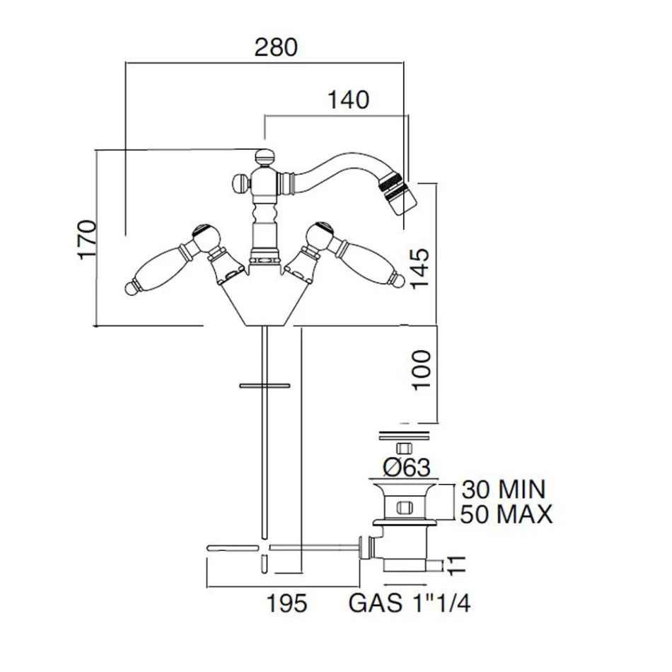 حنفية بيديه كلاسيكية بفتحة واحدة مع رافعات نحاسية مصنوعة يدويًا - نوريانا Viadurini