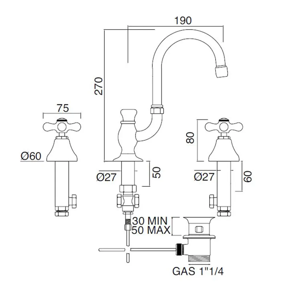 حنفية حوض حمام بثلاث فتحات من النحاس مع فوهة عالية وصرف - إركولينا Viadurini