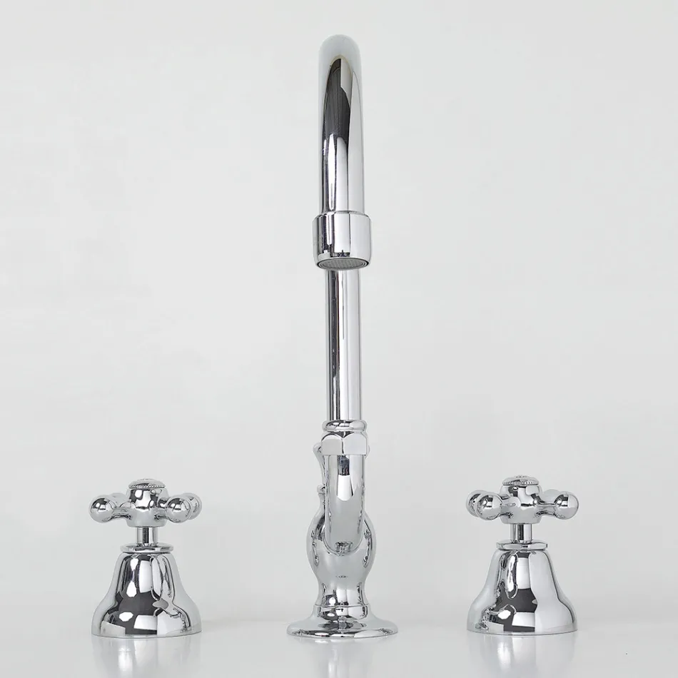 حنفية حوض حمام بثلاث فتحات من النحاس مع فوهة عالية وصرف - إركولينا Viadurini