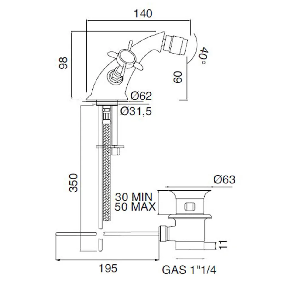 صنبور بيديه كلاسيكي بفتحة واحدة مصنوع من النحاس ومقابض فراشة - ميريانو Viadurini