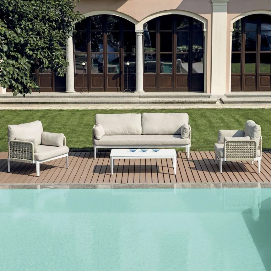 غرفة معيشة مكونة من كرسيين بذراعين وأريكة وطاولة قهوة من الألومنيوم - سيمفوني Viadurini