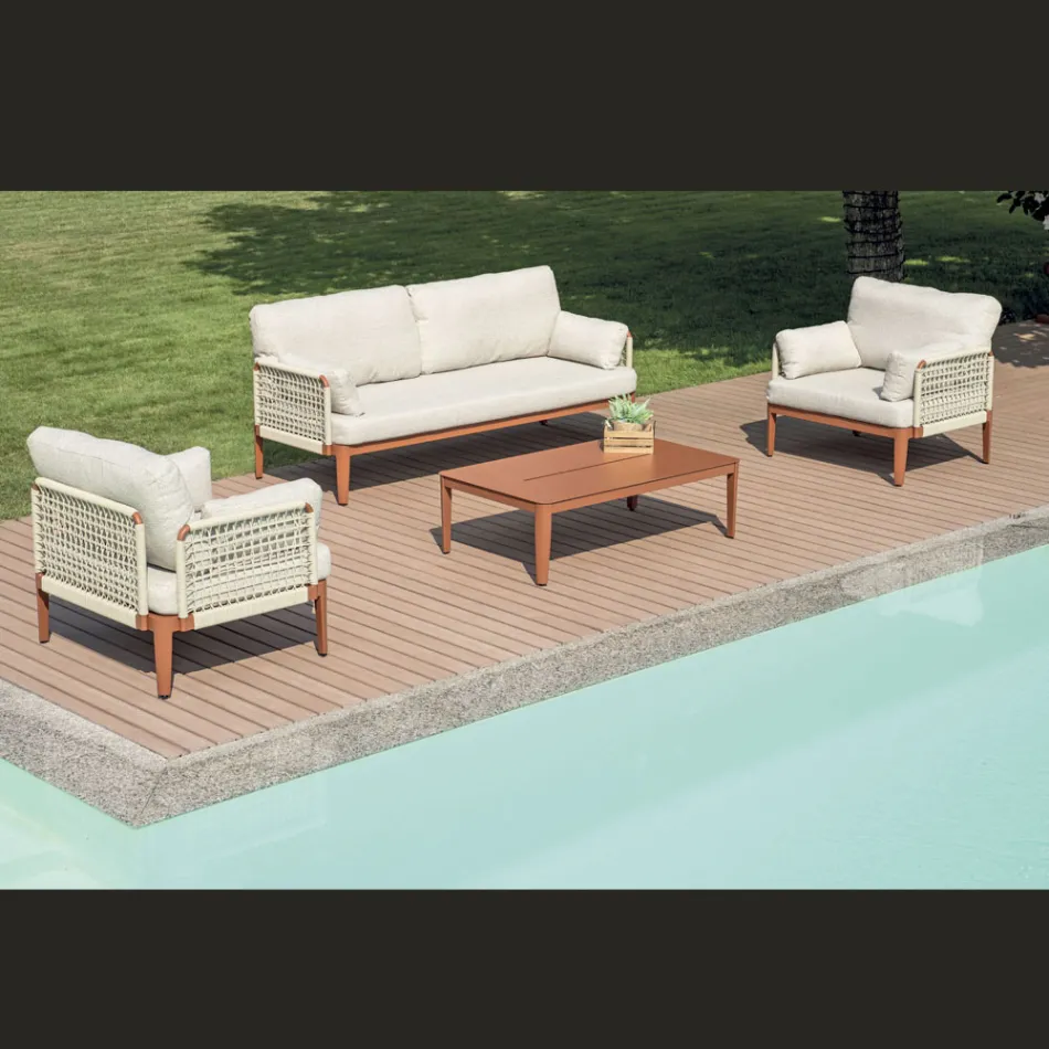 غرفة معيشة مكونة من كرسيين بذراعين وأريكة وطاولة قهوة من الألومنيوم - سيمفوني Viadurini