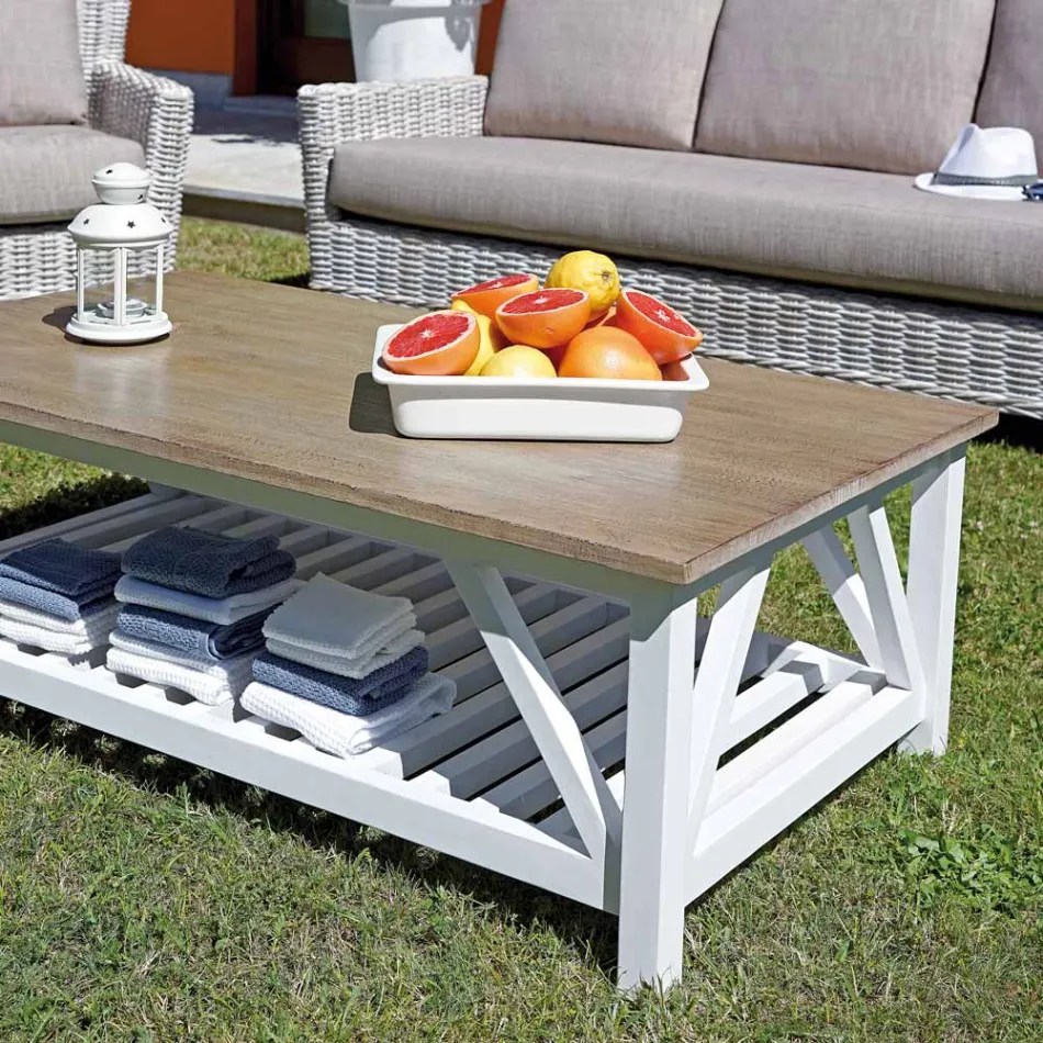 صالة خارجية مع طاولة قهوة من خشب المانجو ووسائد من القطن البولي - أورلاندا Viadurini