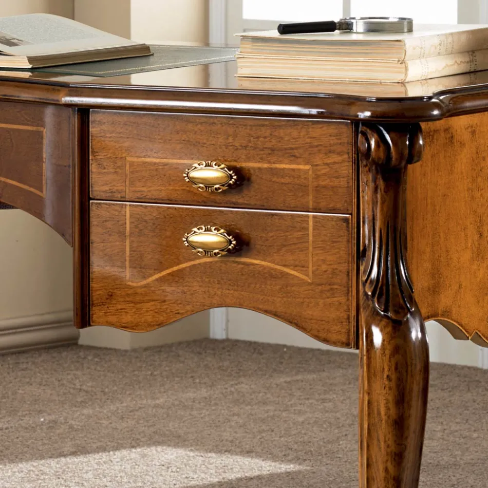 مكتب كلاسيكي بخمسة أدراج من الخشب والجلد البيئي، صنع في إيطاليا - كومودو Viadurini